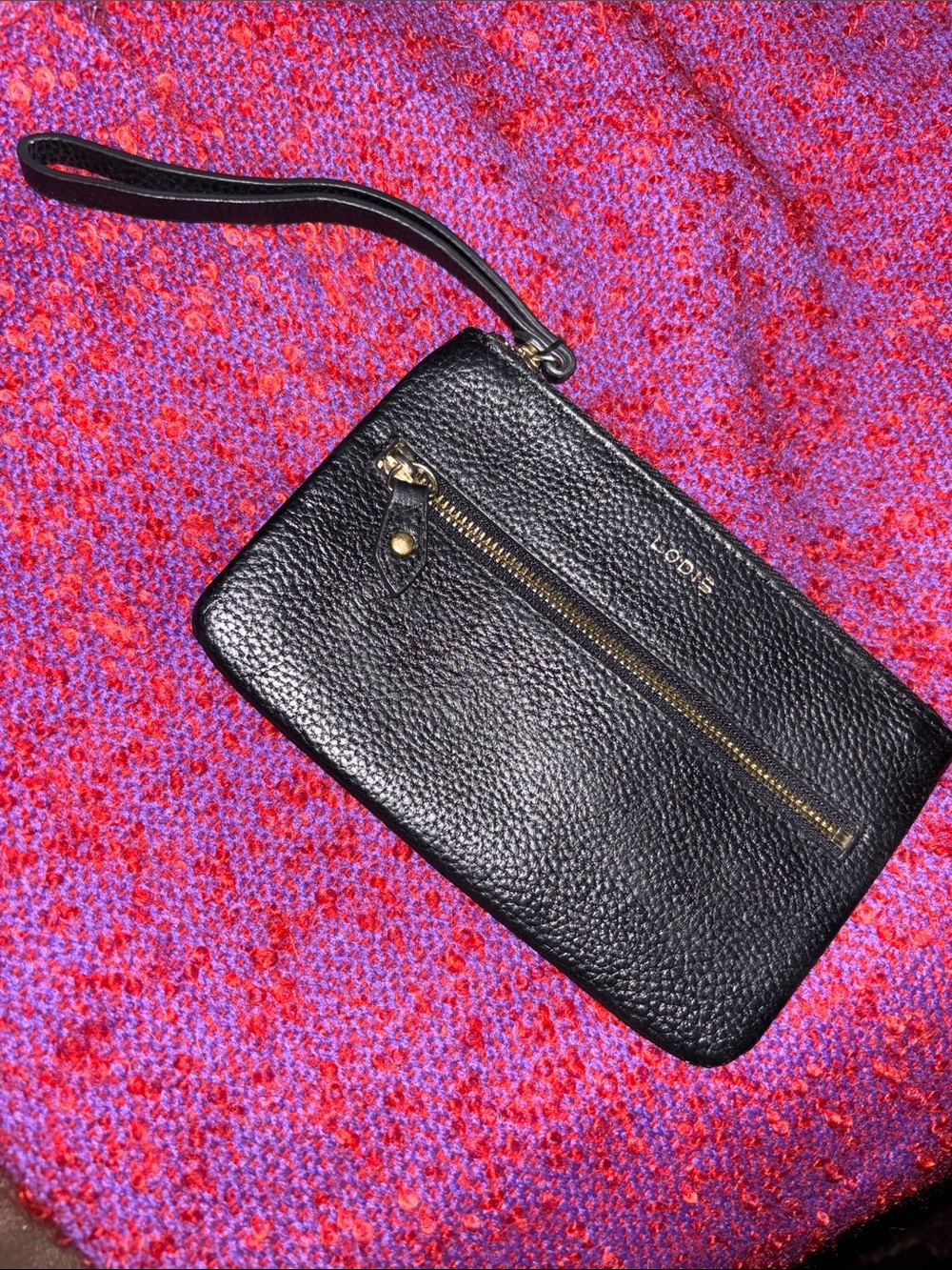 Lodi’s Black Pebbled Leather Wristlet with Gold-Tone Zip